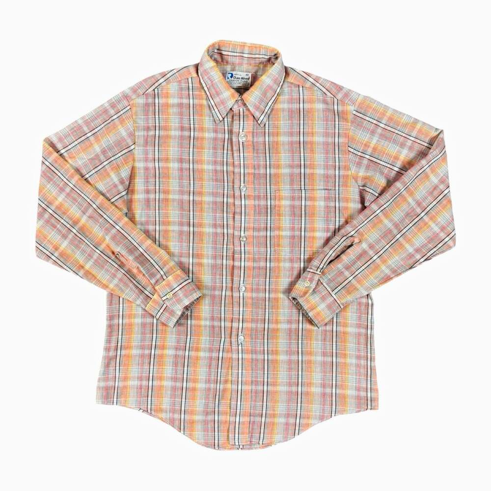 True Vintage 60s-70s Plaid Button Up Woven Shirt Long Sleeve Collar Size M